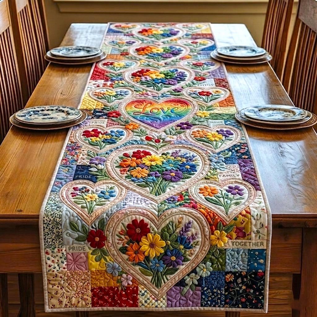 Floral Heart on Cream Patchwork Table Runner