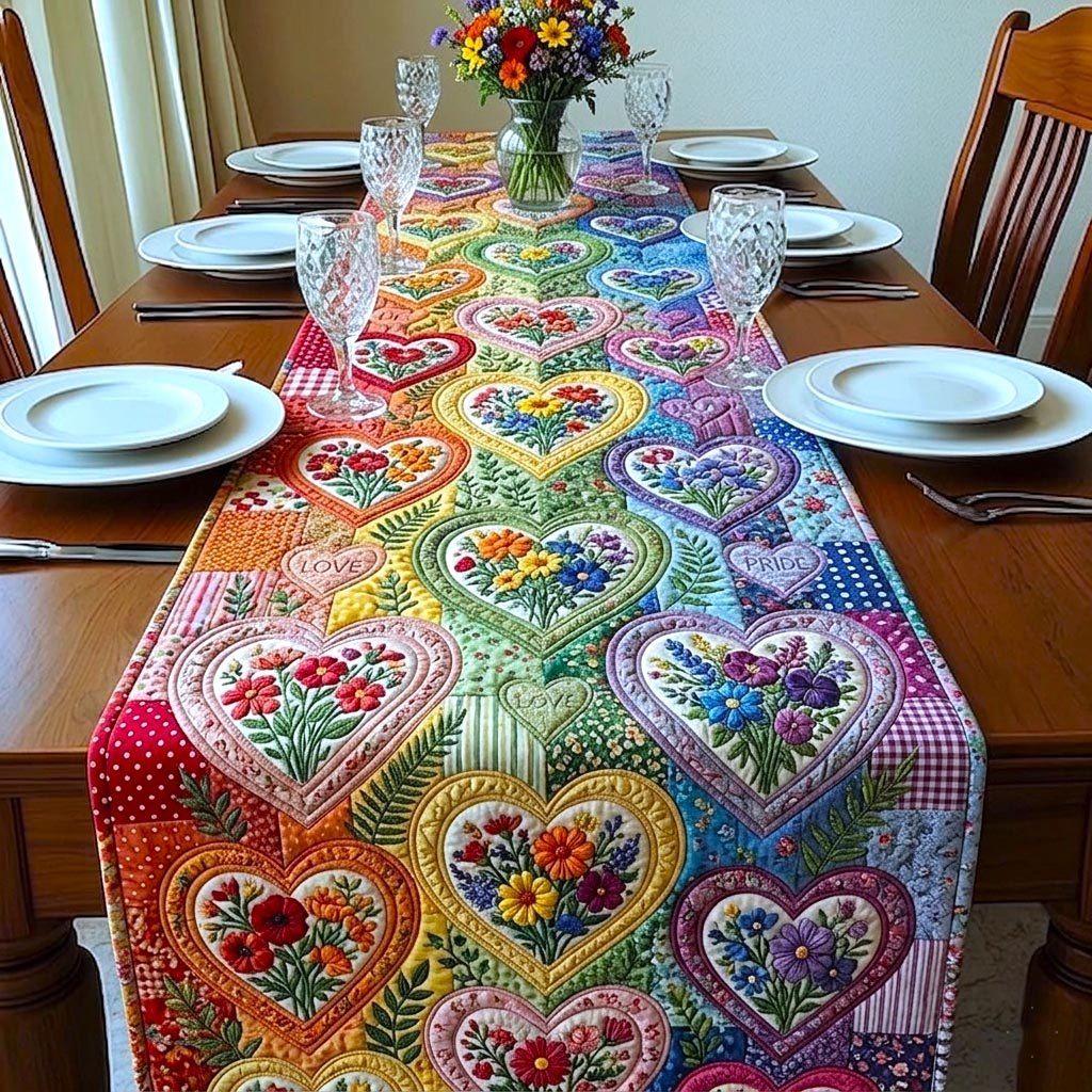 Floral Heart Blocks in Bright Colors Table Runner
