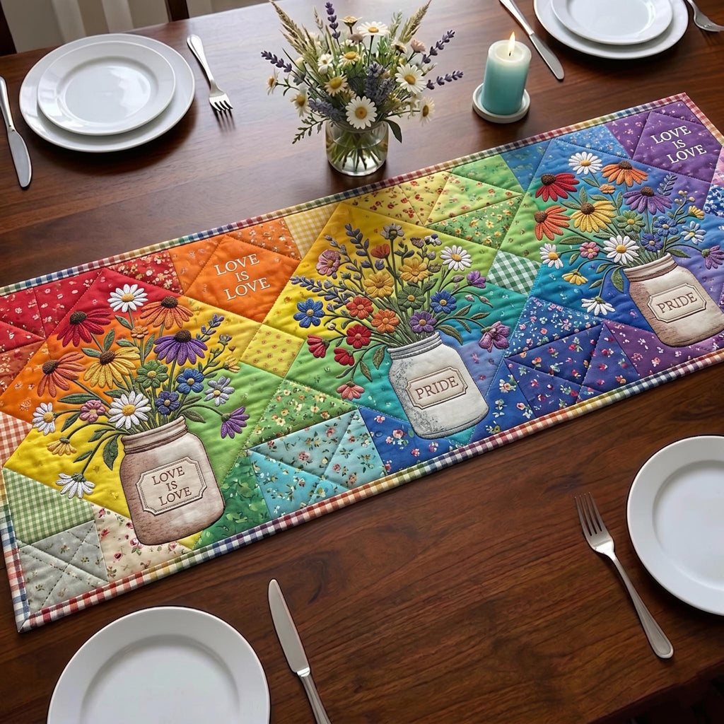 Rainbow Patchwork with Flowers and Jars Table Runner