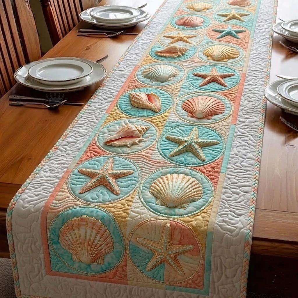 Shells and Starfish on Pale Blue Table Runner