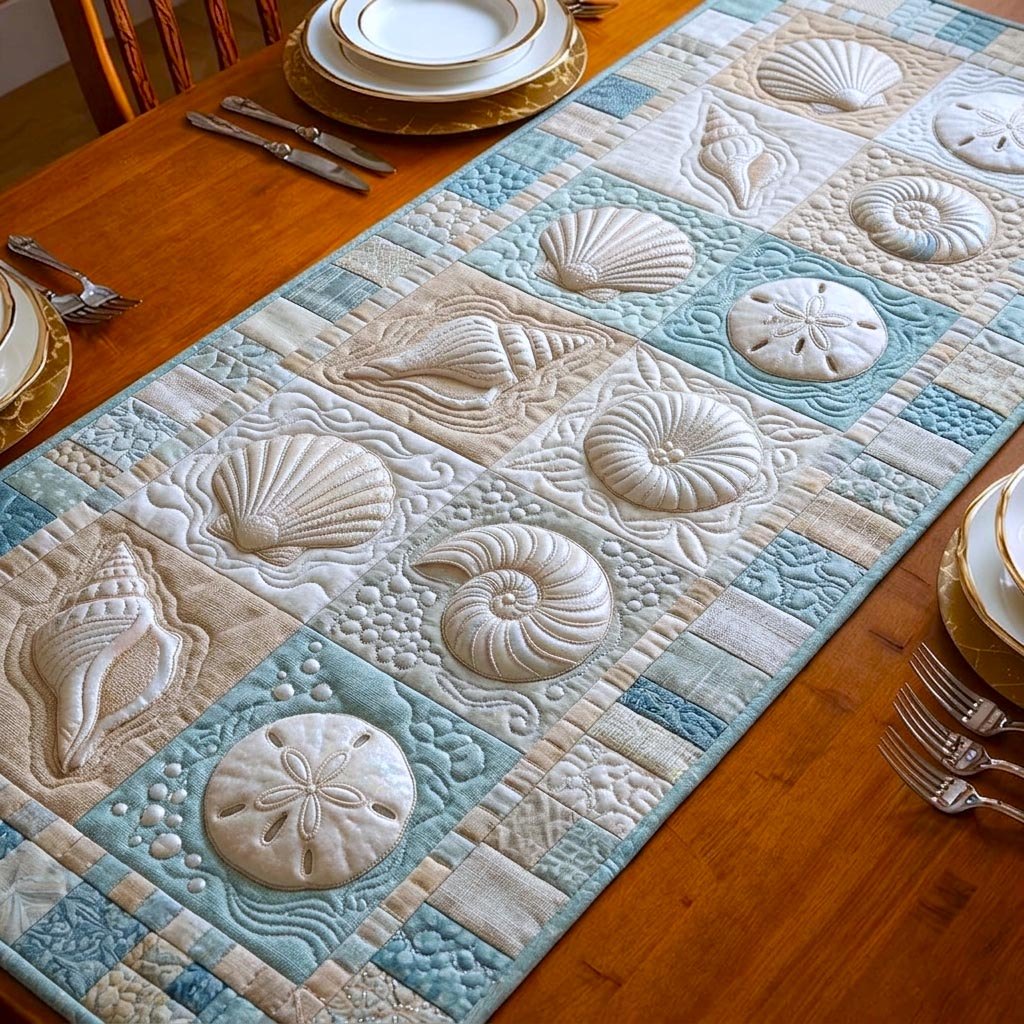 White Shells on Pale Blue Blocks Table Runner
