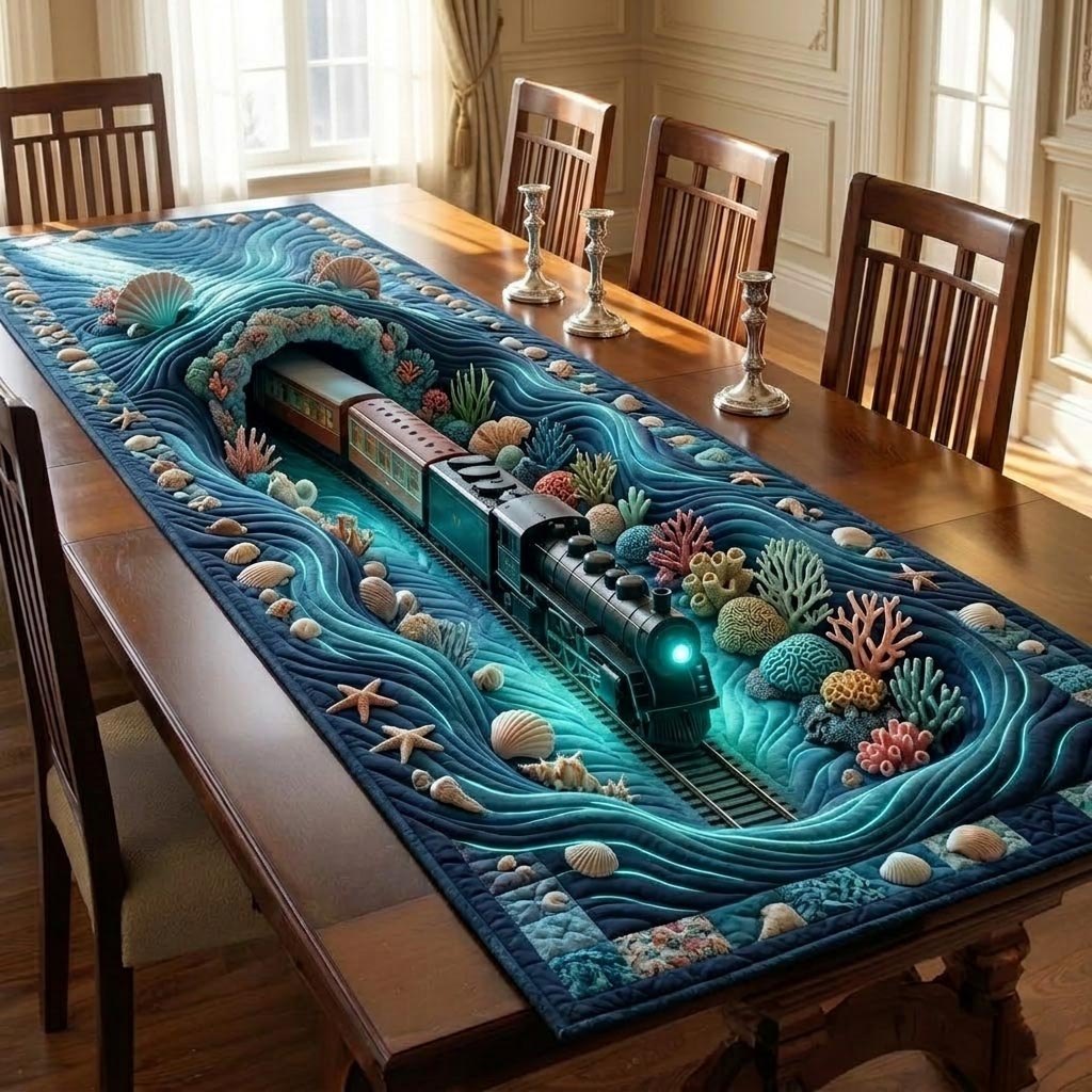 Curling Wave over Coral and Shells Table Runner