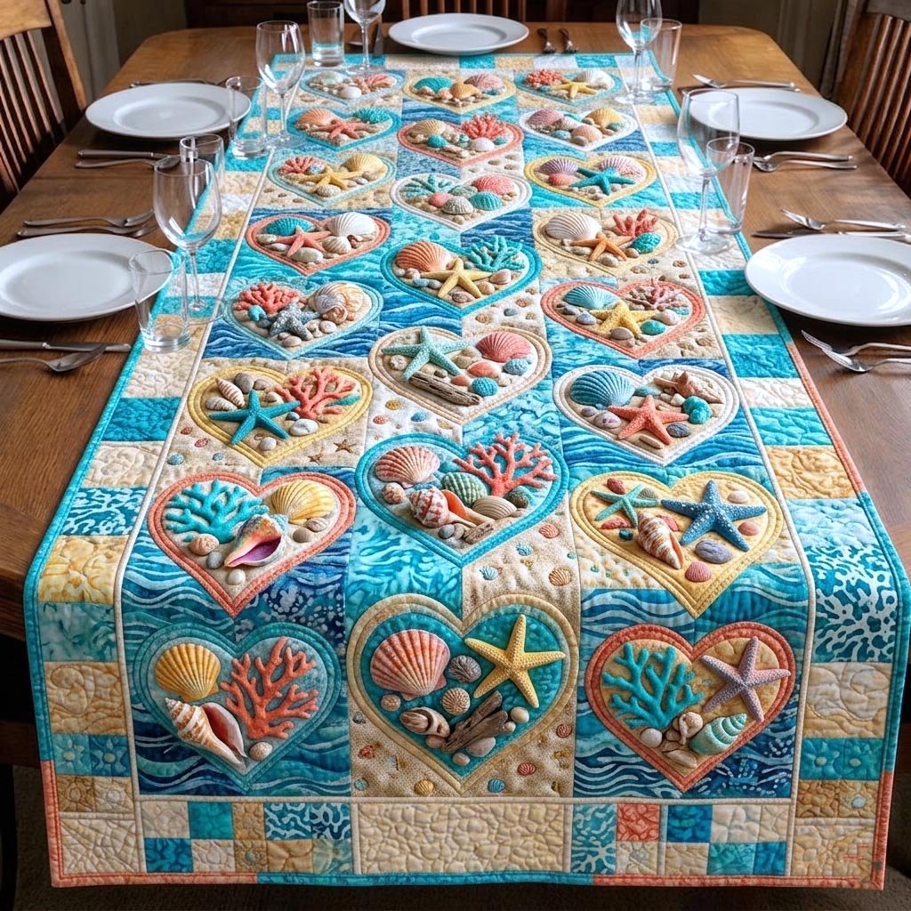 Shell Hearts on Teal Blocks Table Runner