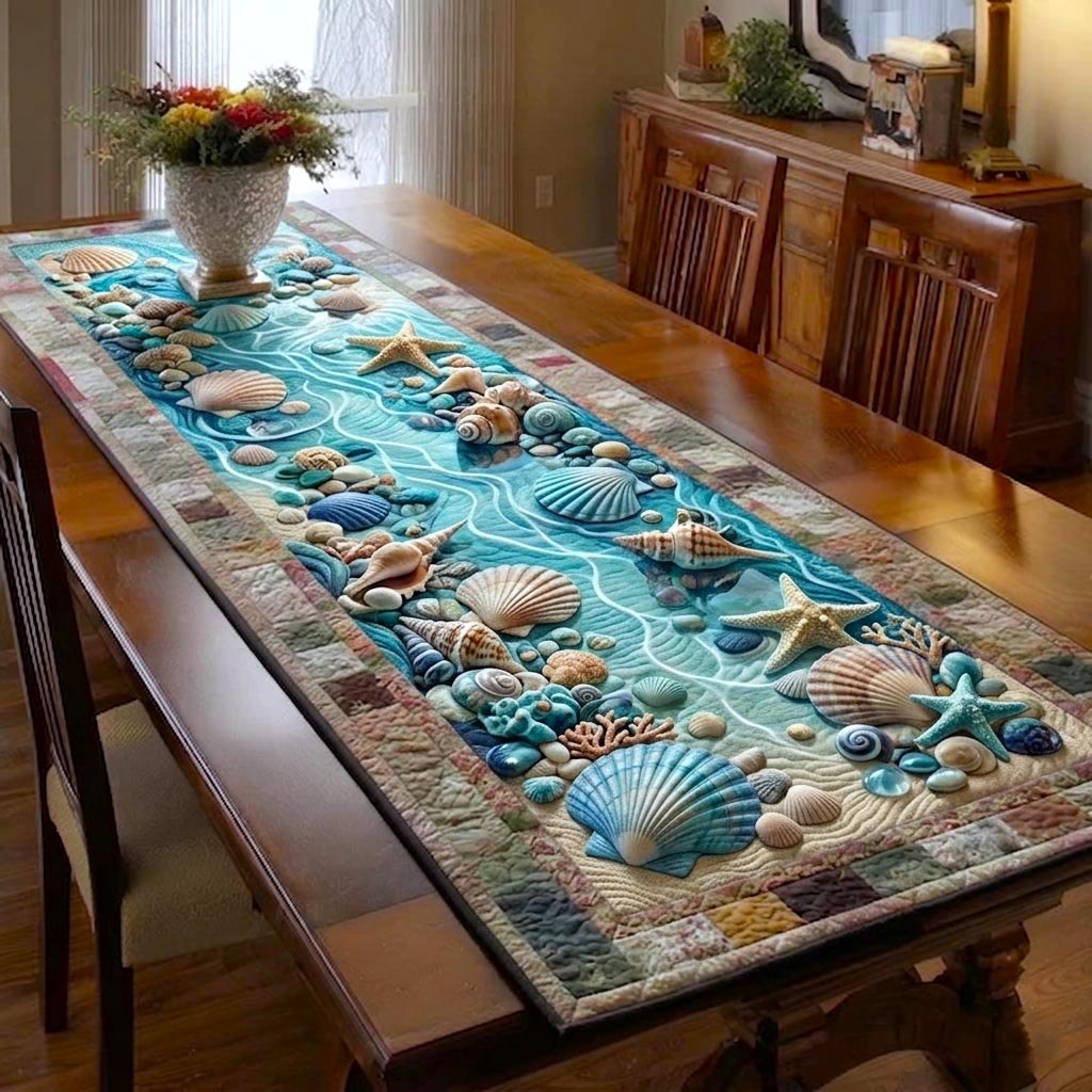 Shells with Teal Water Ripples Table Runner