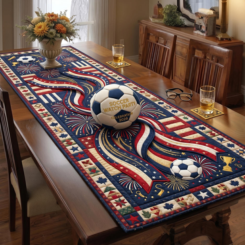 Soccer Balls with Flag Ribbons Table Runner