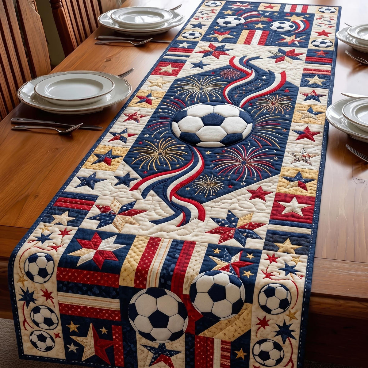 Soccer Balls with Fireworks Patchwork Table Runner