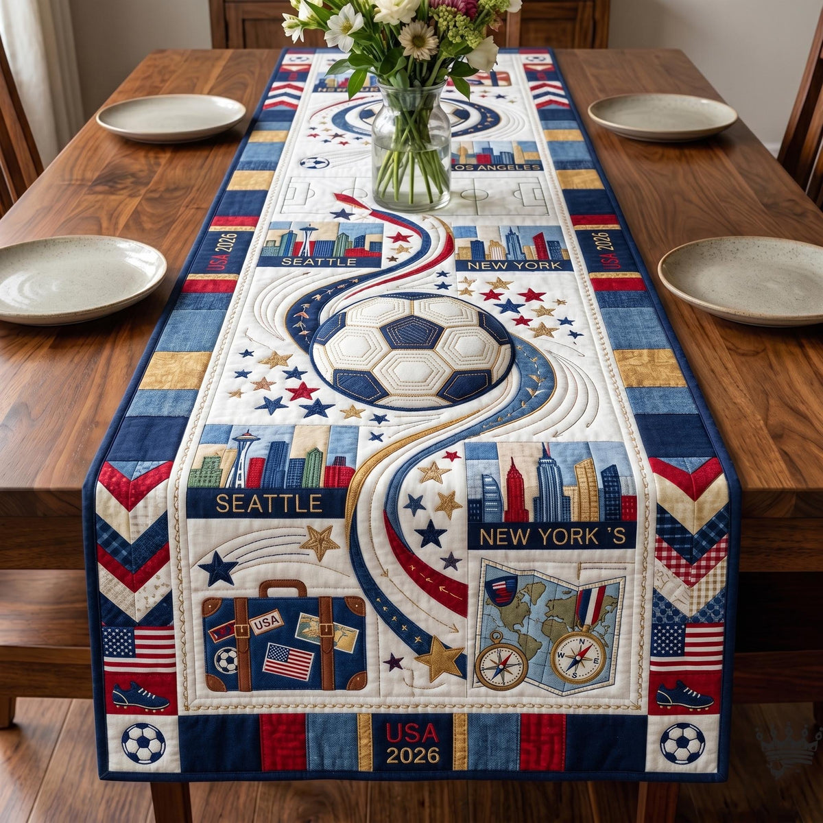 Soccer Ball with City Skyline Blocks Table Runner