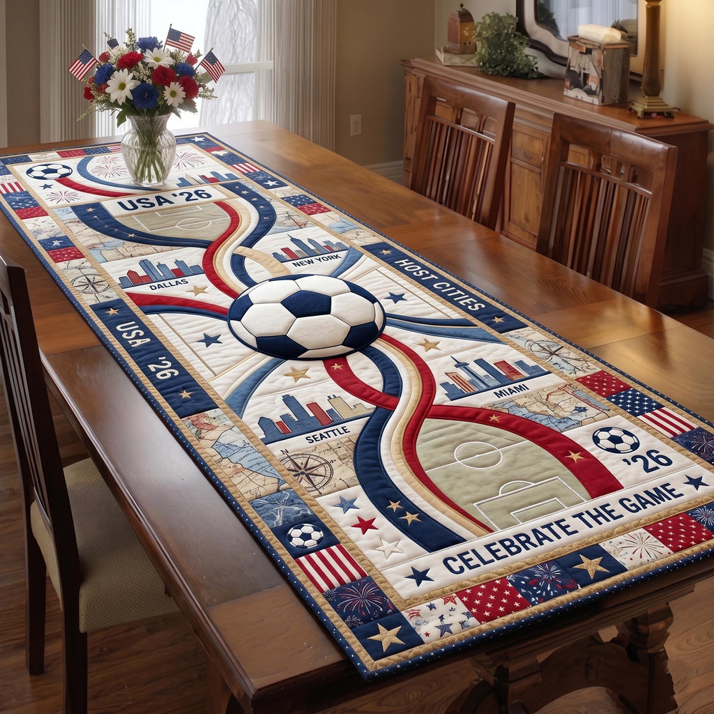 Soccer Ball on Red White Blue Swirl Table Runner