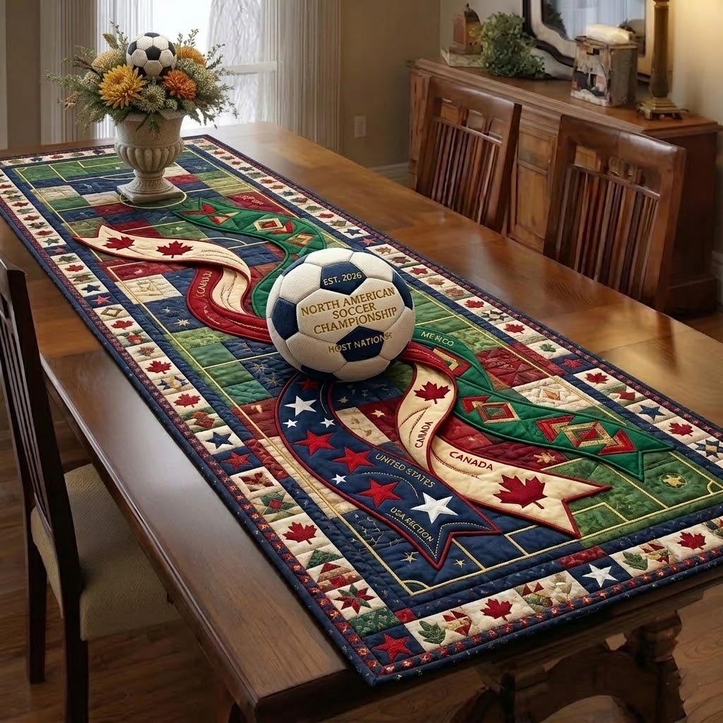 Soccer Ball on Green and Red Field Table Runner