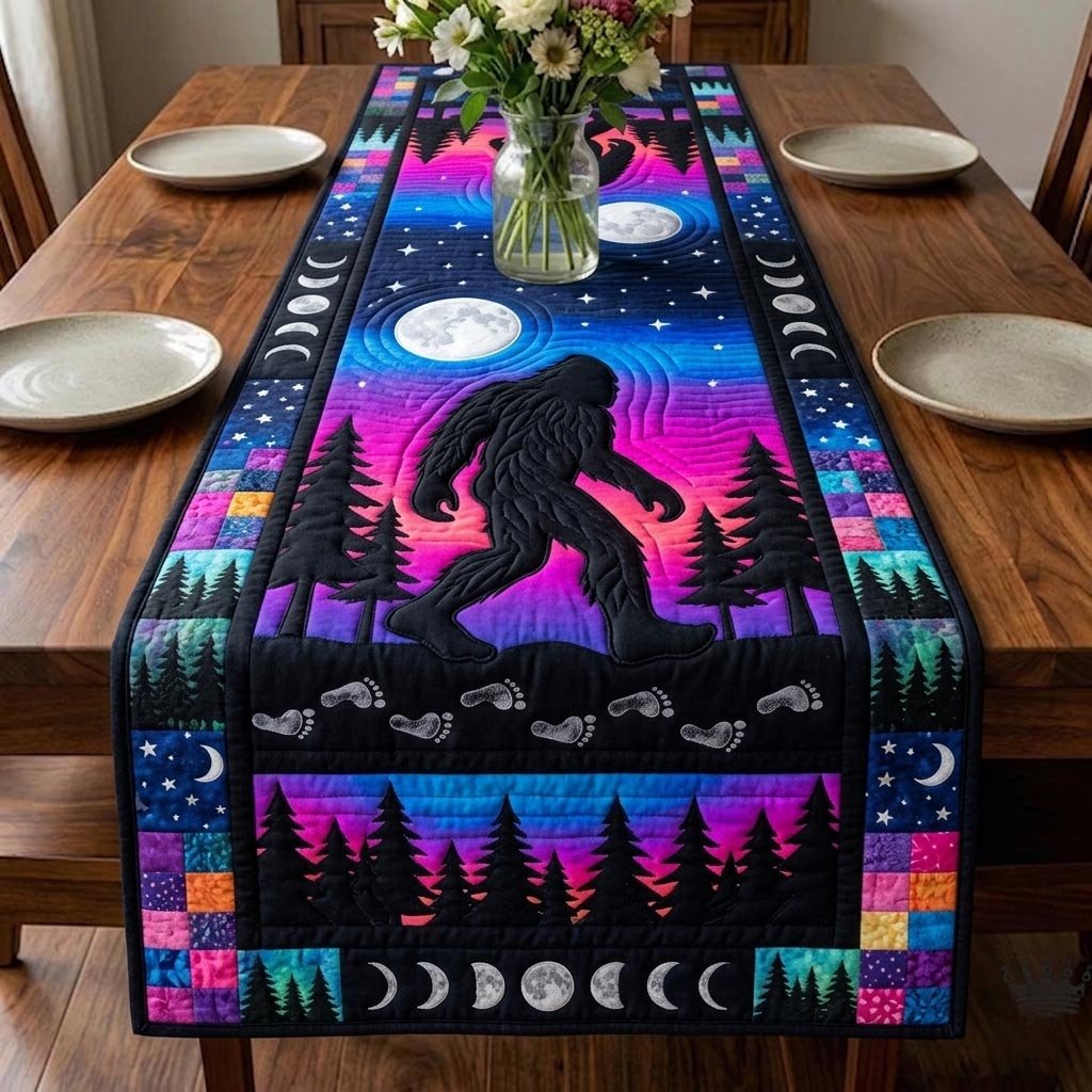 Bigfoot on Neon Night with Moon Phases Table Runner