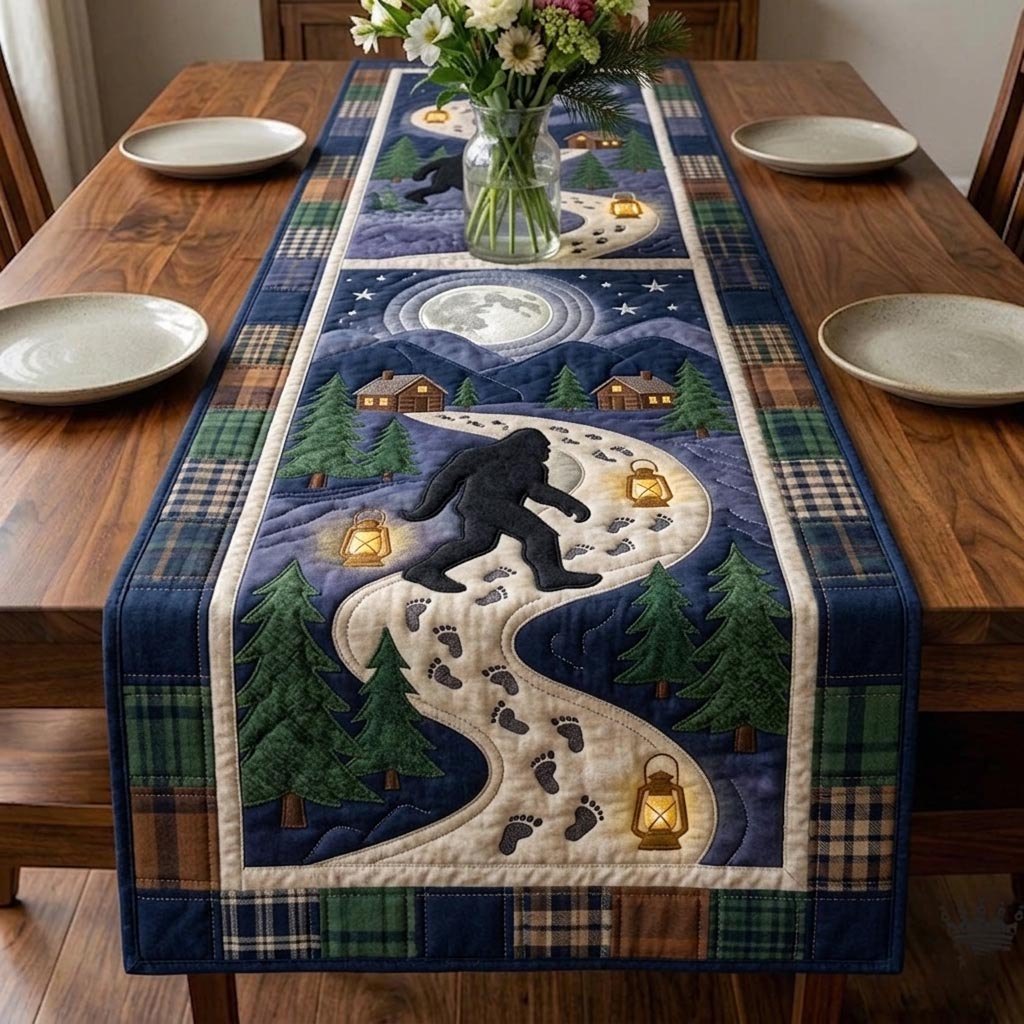 Bigfoot on Plaid with Lanterns Table Runner