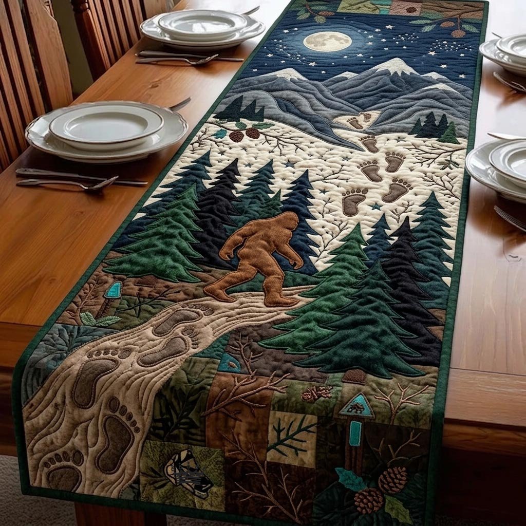 Bigfoot in Green Forest with Footprints Table Runner