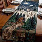Bigfoot in Green Forest with Footprints Table Runner