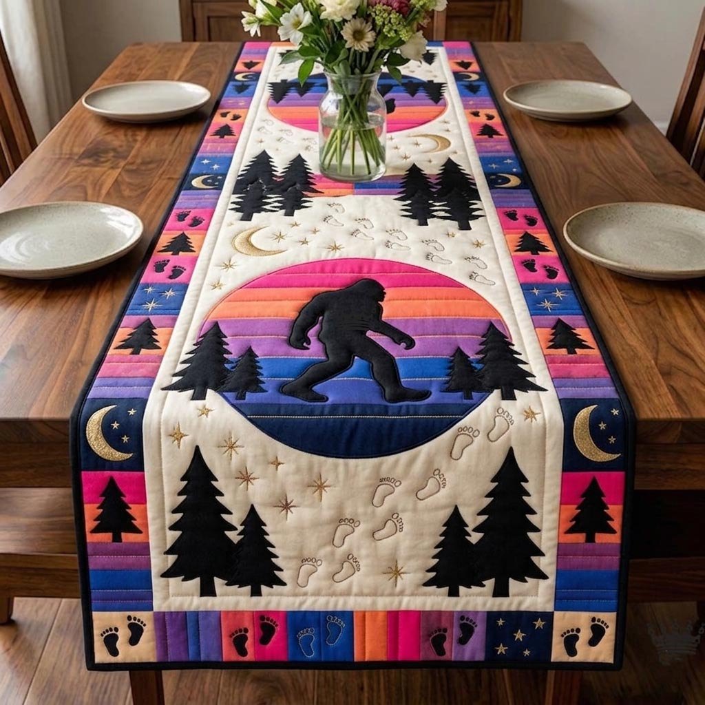 Bigfoot Silhouette Against Sunset Circle Table Runner