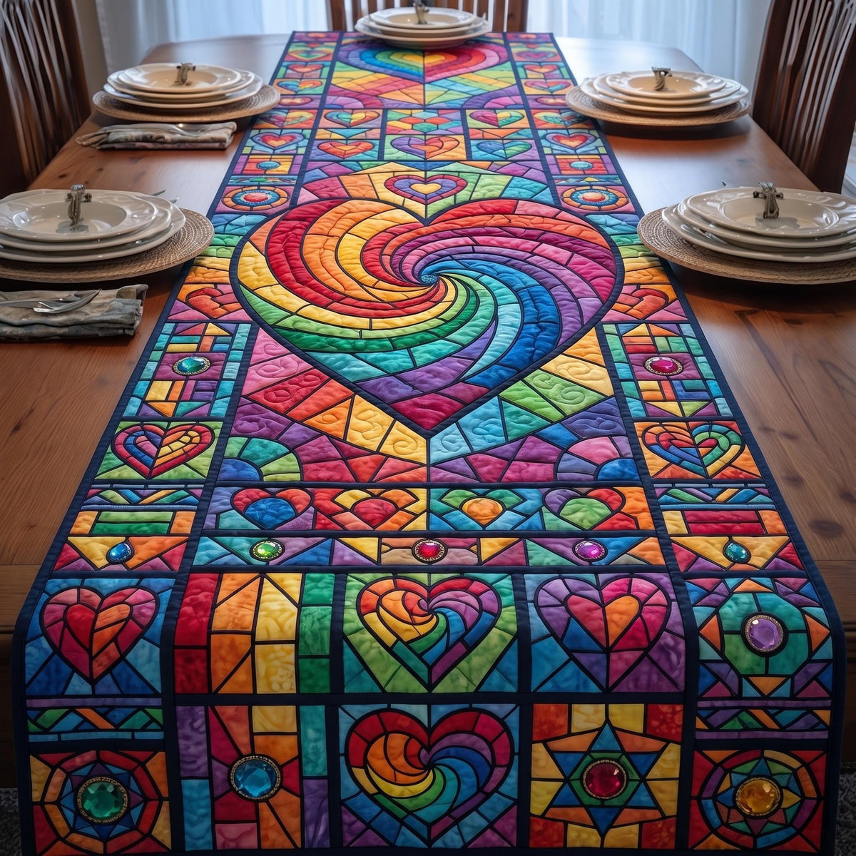 Stained Glass Rainbow Heart Table Runner