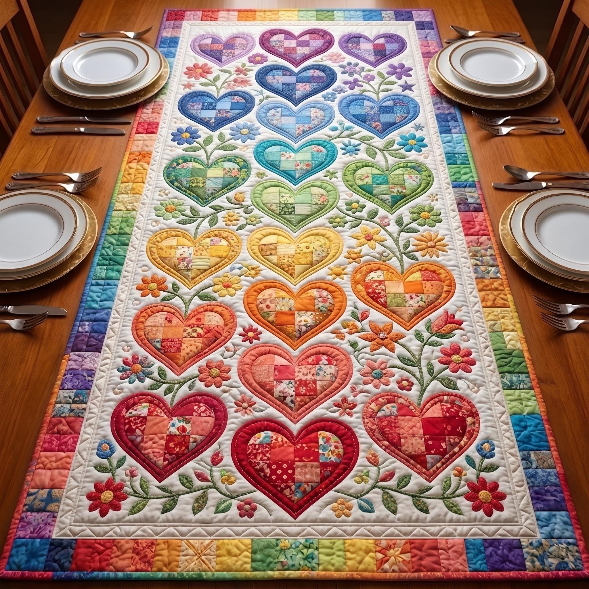 Red Hearts with Green Leaves Table Runner
