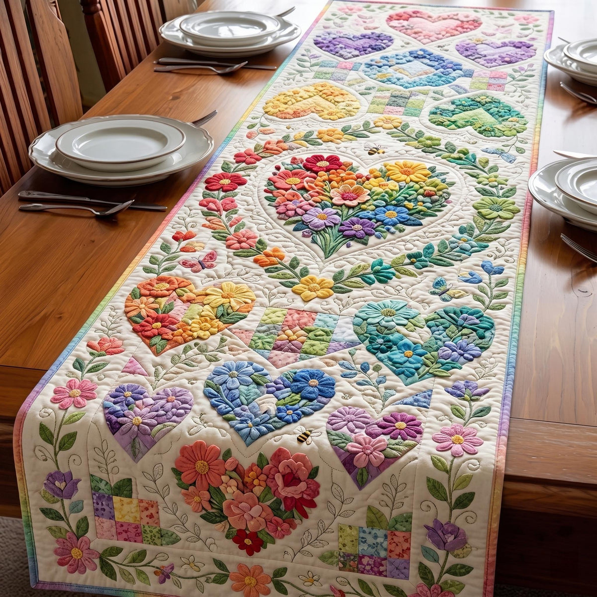 Floral Hearts on Ivory Panel Table Runner