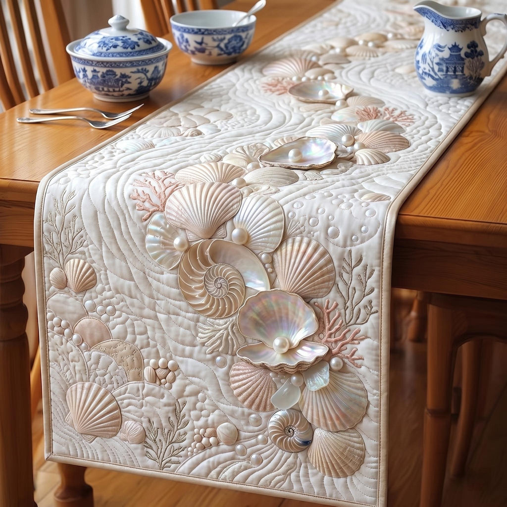 Cream Shells and Pearls on White Table Runner