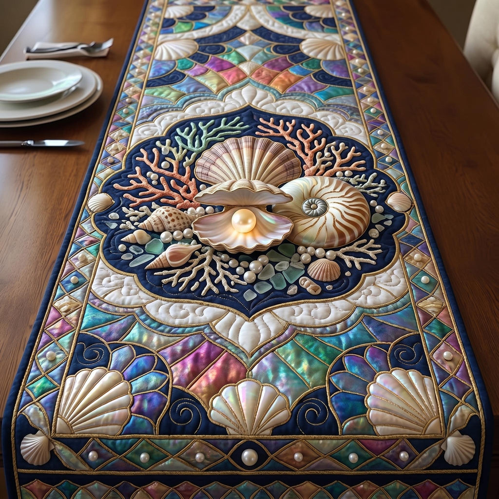 Pearl Shell Medallion with Coral Border Table Runner