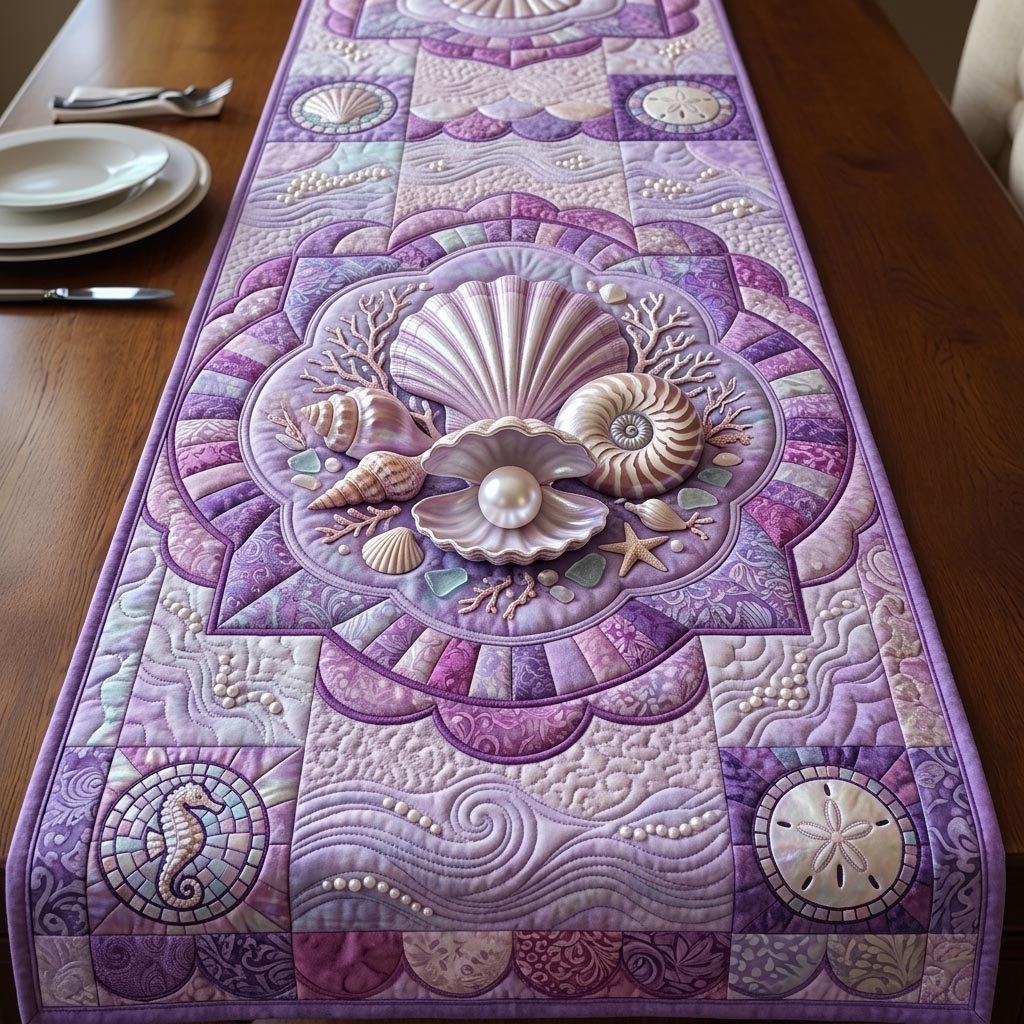 Purple Shell Medallion with Sand Dollars Table Runner