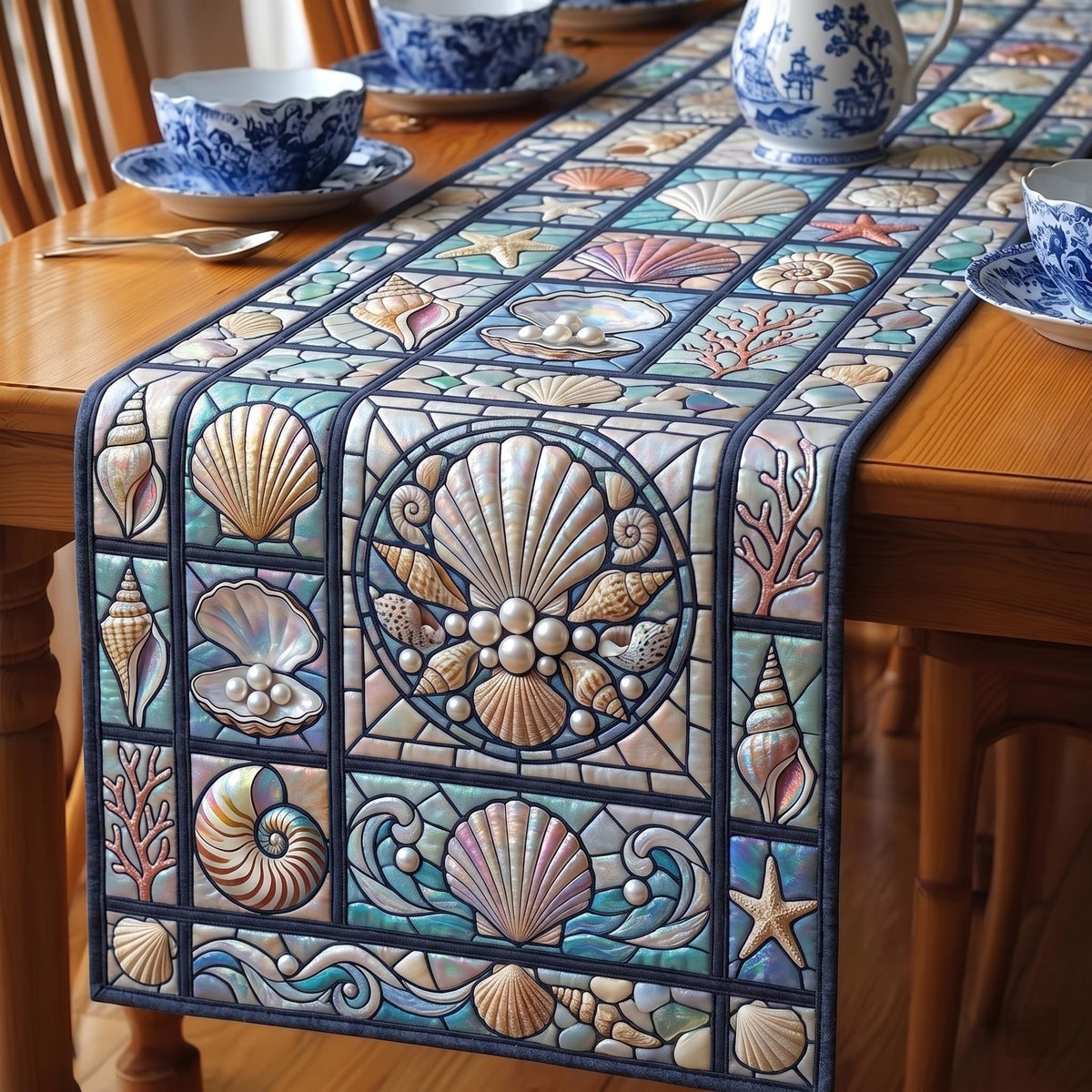 Shell Medallions on Blue Tile Panel Table Runner