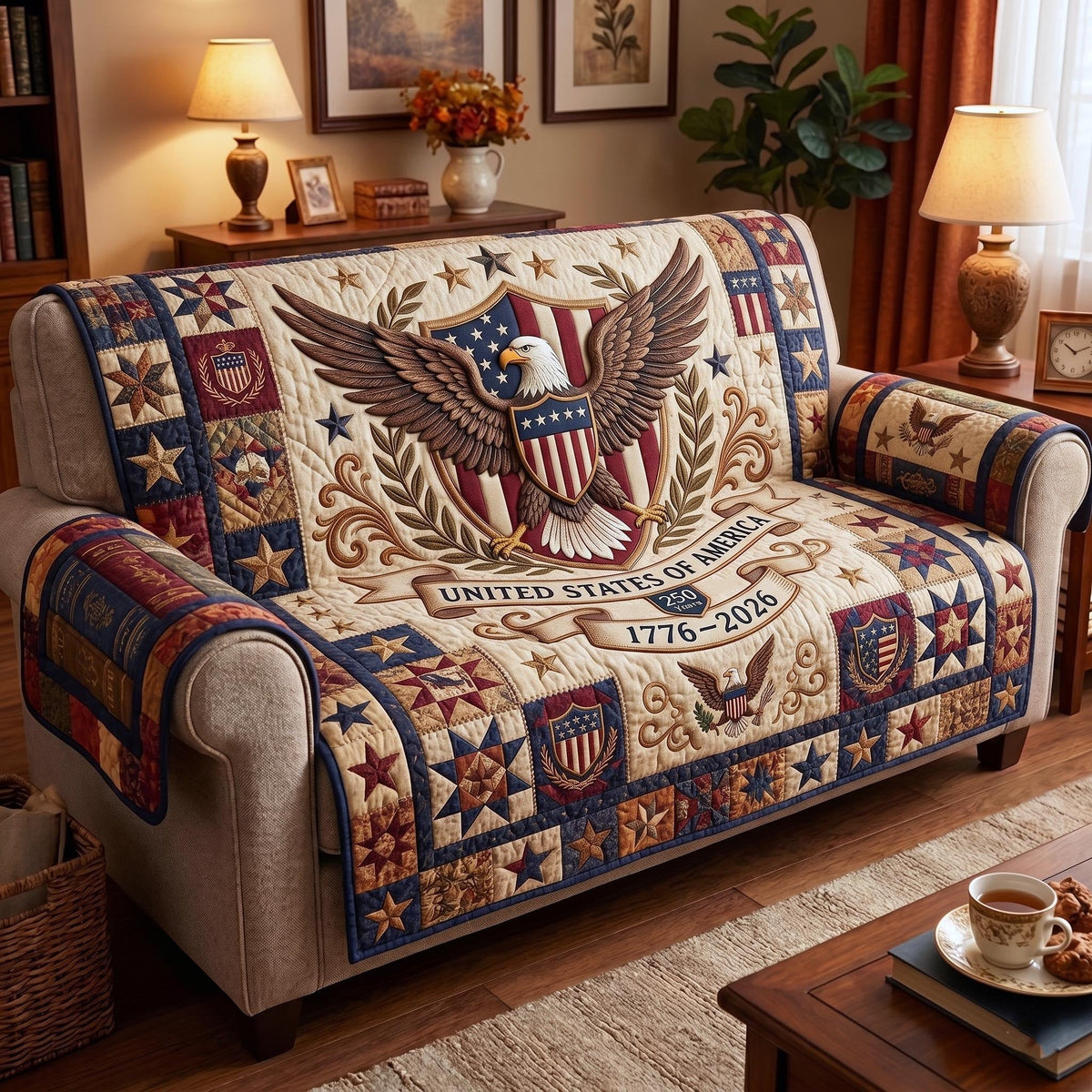 United States Eagle Crest on Cream Sofa Cover