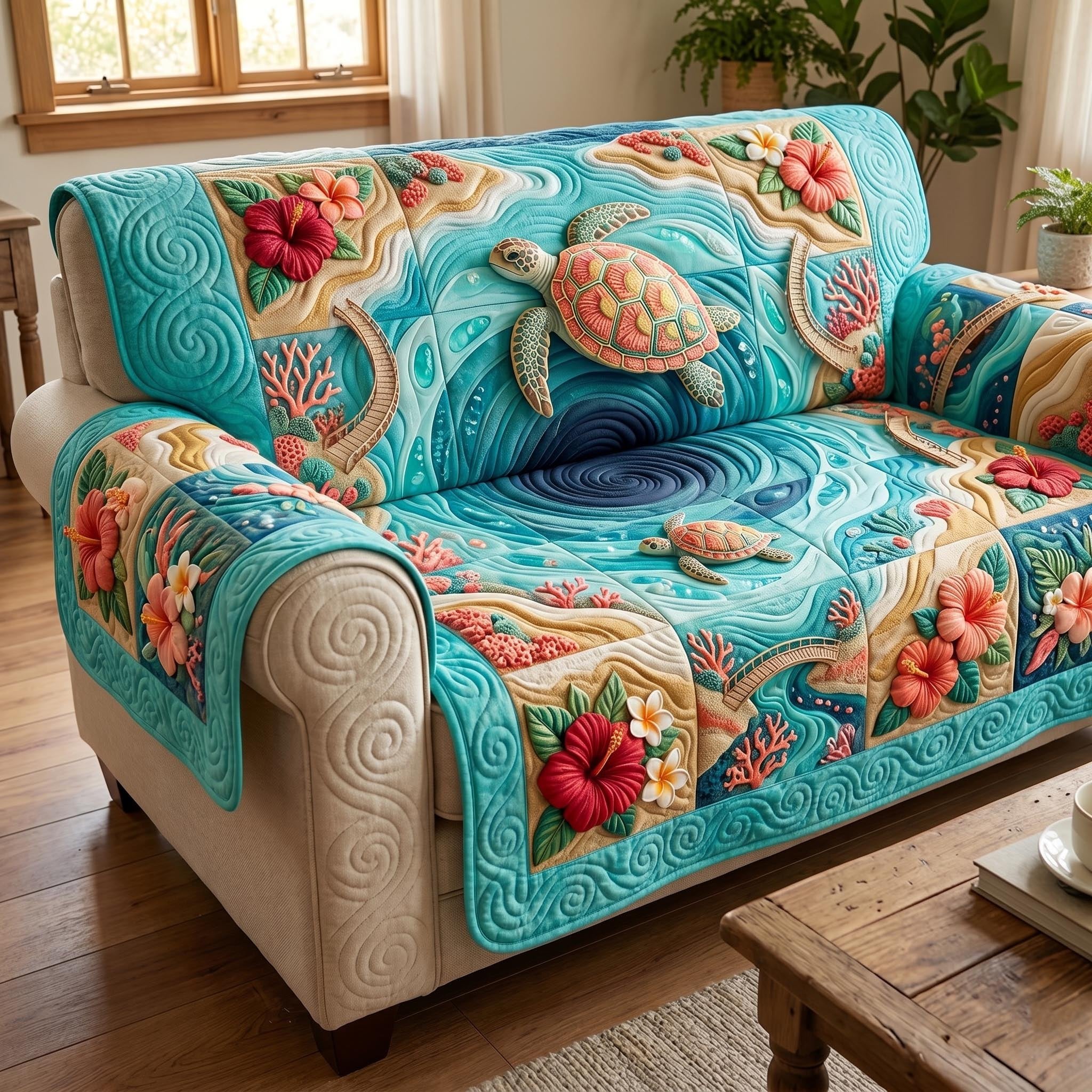 Turtles in Teal Swirls with Hibiscus Sofa Cover
