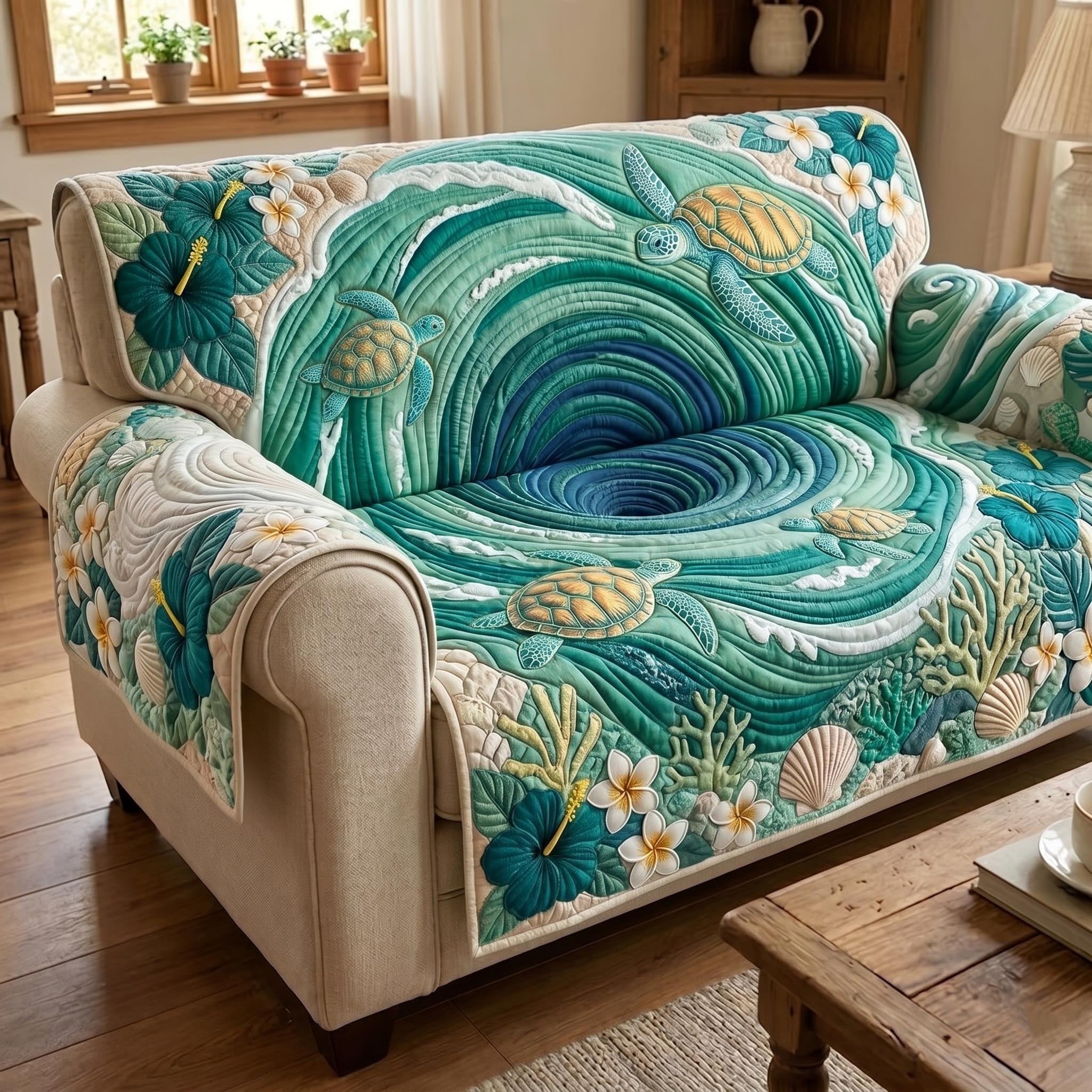 Green Turtle in the Swirling Tide Sofa Cover