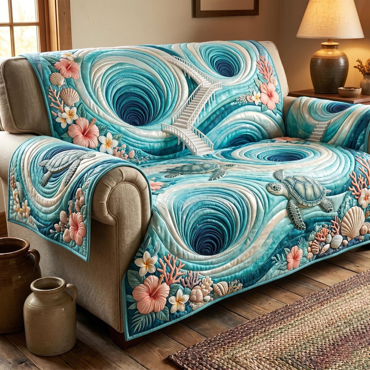 Turtles in Pale Aqua Swirls Sofa Cover