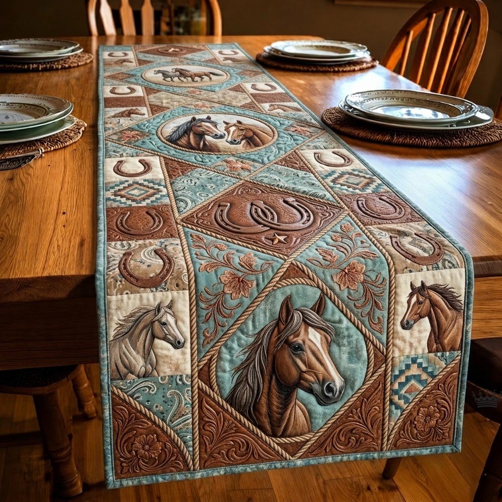 Horse Blocks in Teal and Tan Table Runner