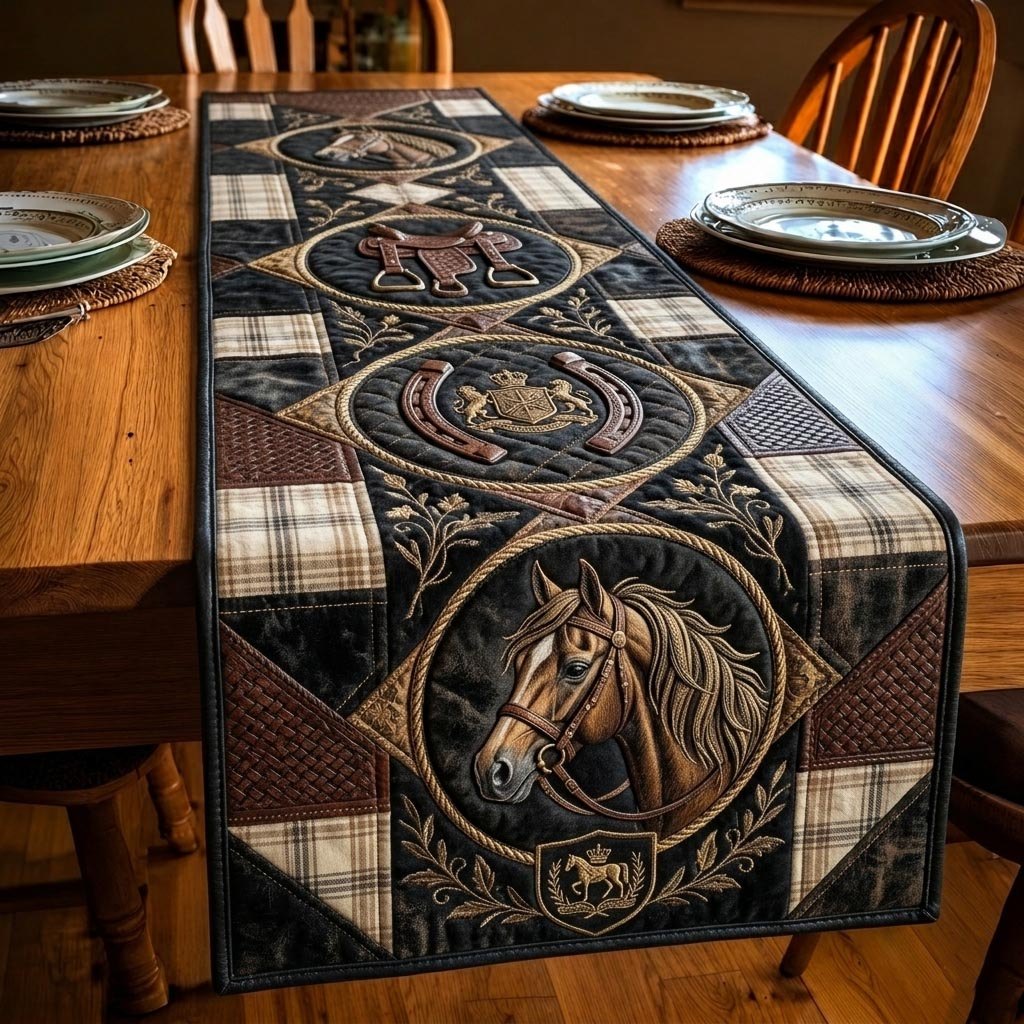 Horse Medallion on Plaid Blocks Table Runner