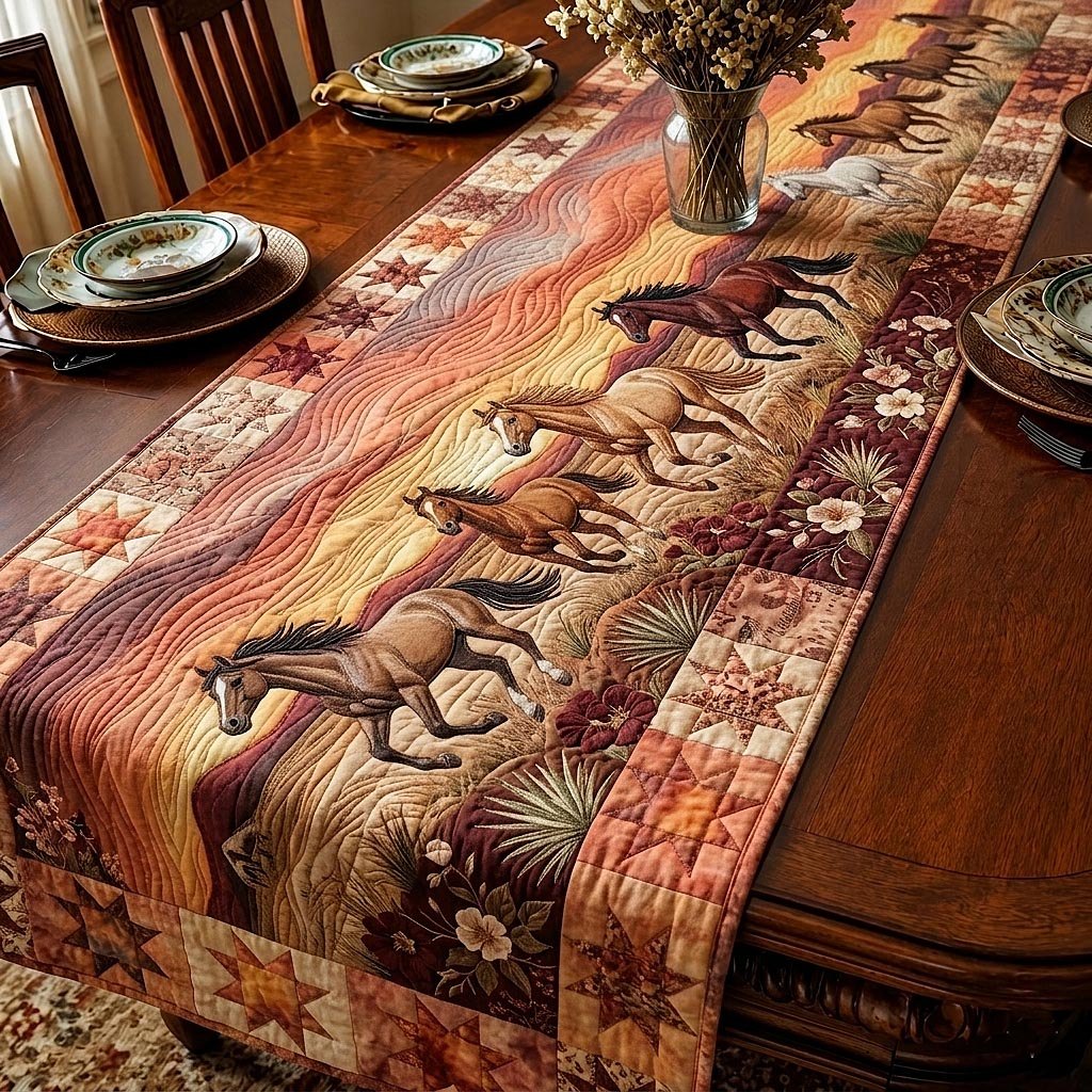 Running Horses on Warm Plaid Table Runner