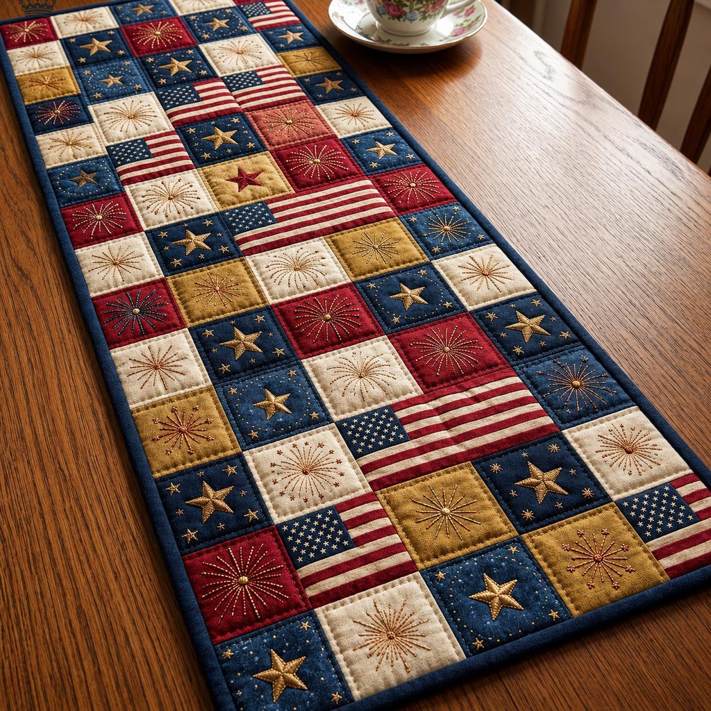 Patchwork Flag Squares in Red and Blue Table Runner