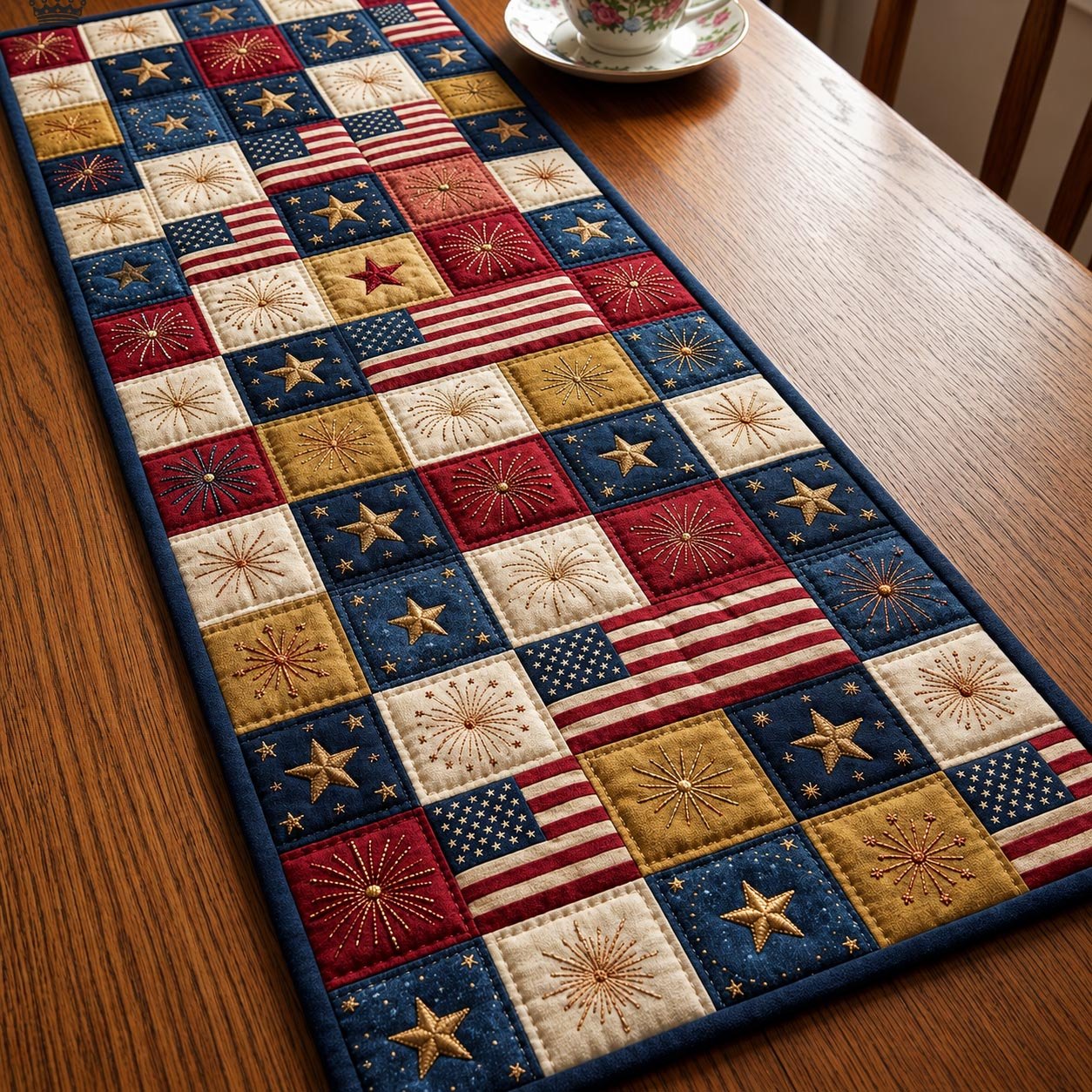 Patchwork Flag Squares in Red and Blue Table Runner