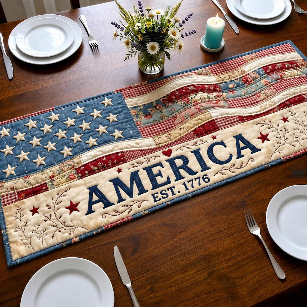 America Est 1776 Flag Banner Table Runner