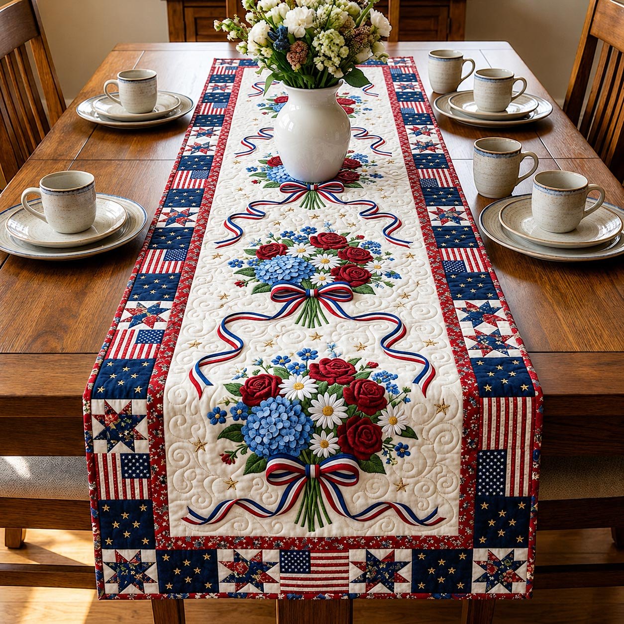 Blue and Red Bouquet with Ribbons Table Runner