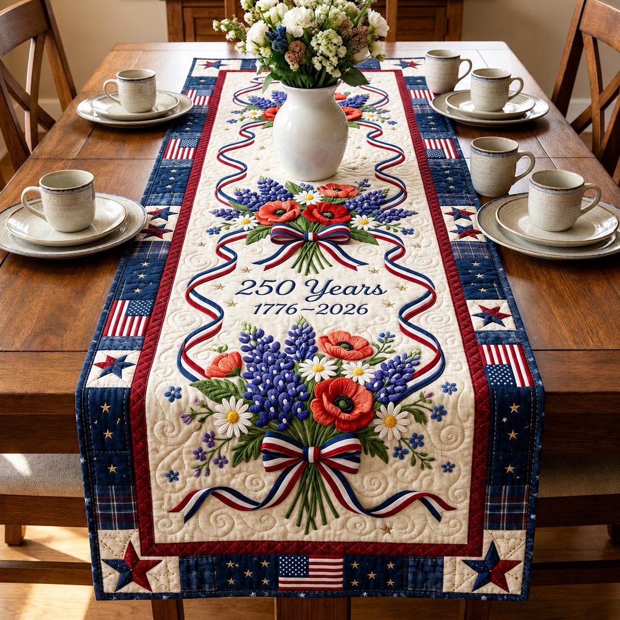 250 Years Floral Bouquet with Ribbon Table Runner
