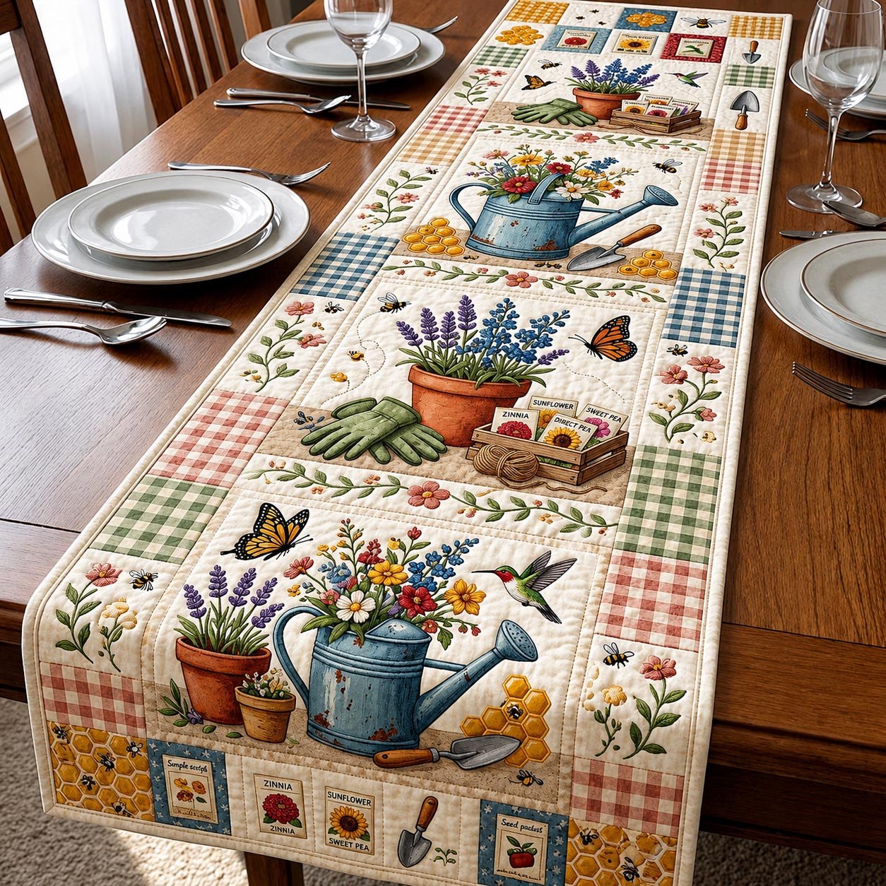 Garden Pots and Watering Cans Table Runner
