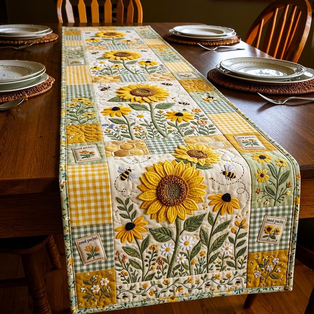 Sunflowers and Bees on Yellow Blocks Table Runner