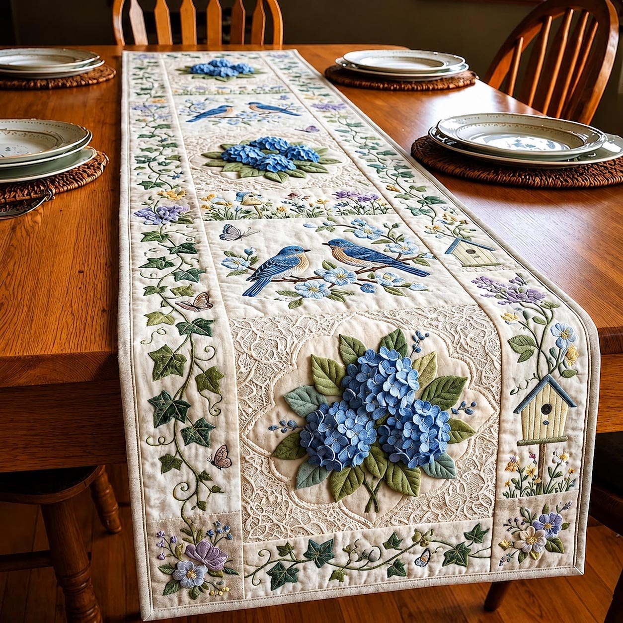 Bluebirds and Hydrangeas on Cream Table Runner