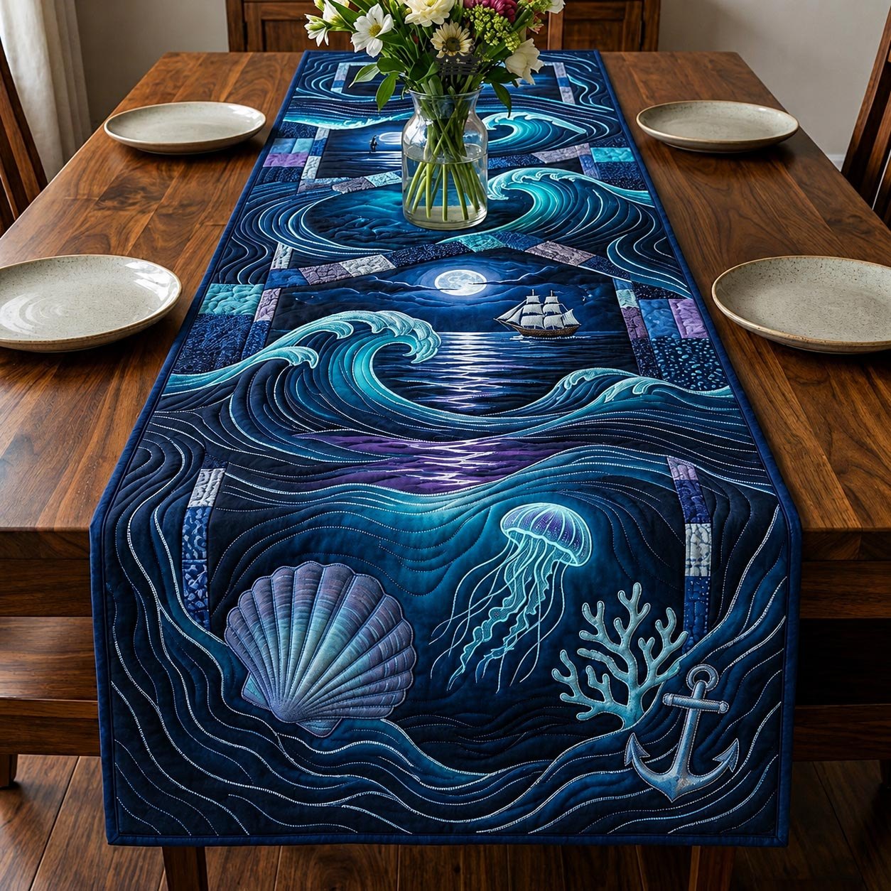 Jellyfish and Waves on Deep Navy Table Runner