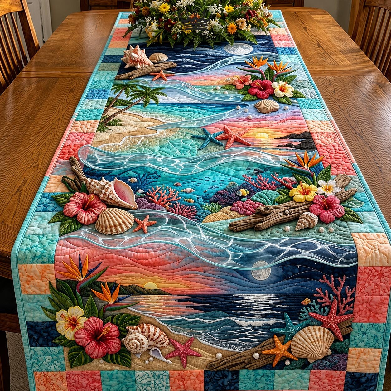 Tropical Shore with Hibiscus and Shells Table Runner