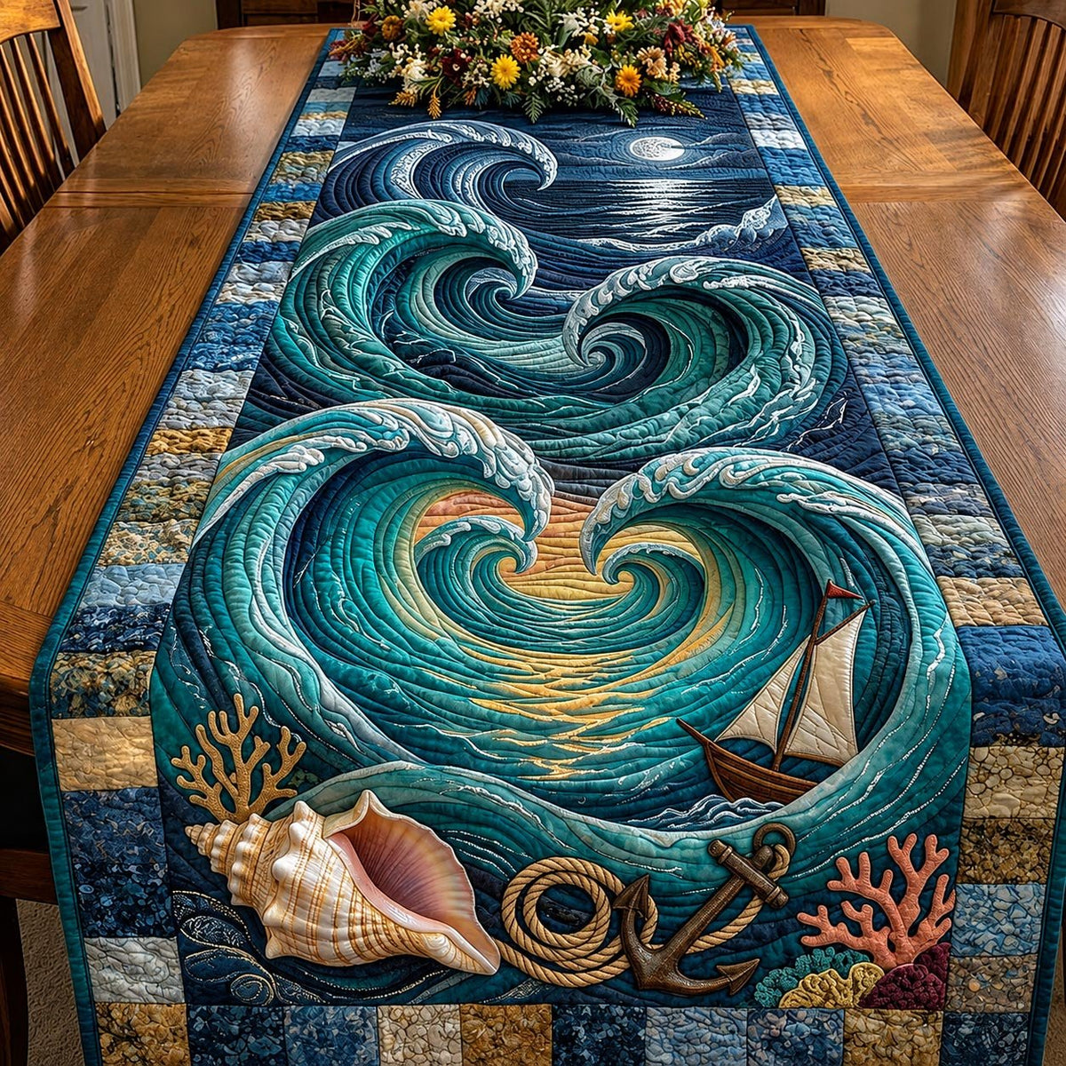 Wave Heart with Sailboat and Shells Table Runner