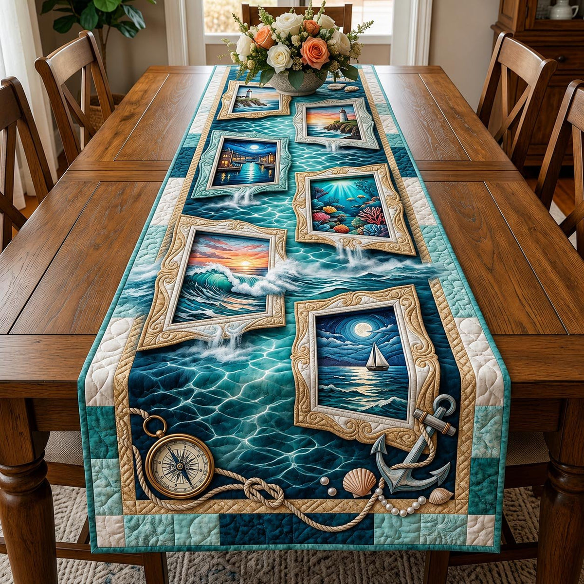 Ocean Window Frames with Compass Table Runner