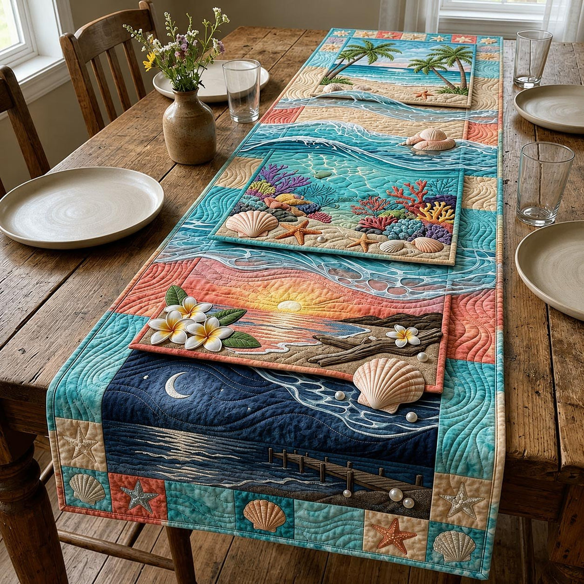 Sunset Beach with Shells and Coral Table Runner