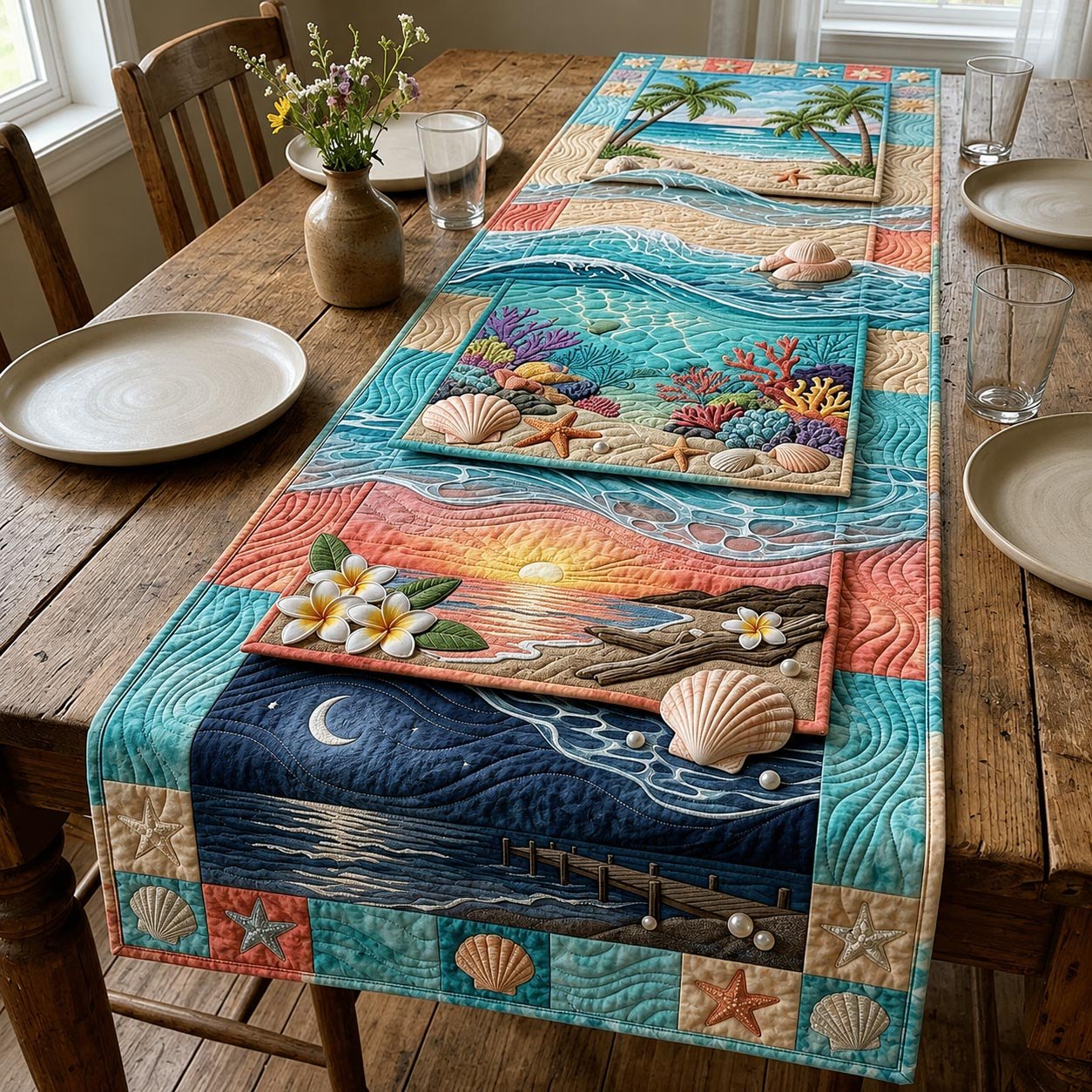 Sunset Beach with Shells and Coral Table Runner