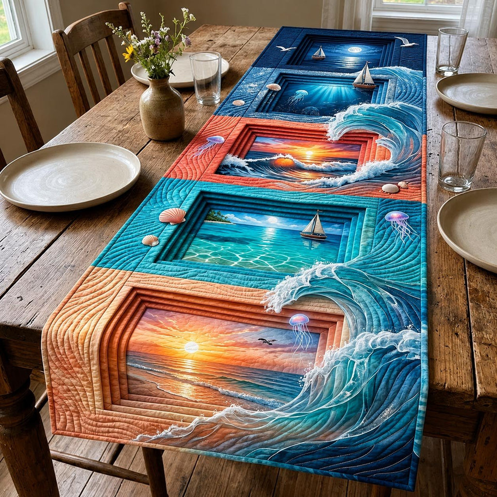 Sunset Ocean Through Wooden Frames Table Runner