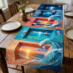 Sunset Ocean Through Wooden Frames Table Runner