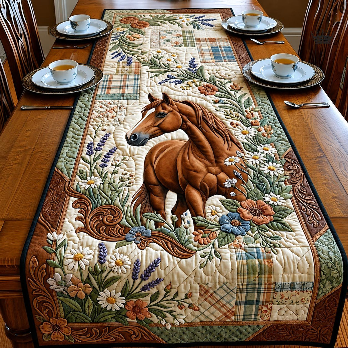 Chestnut Horse with White Daisies Table Runner