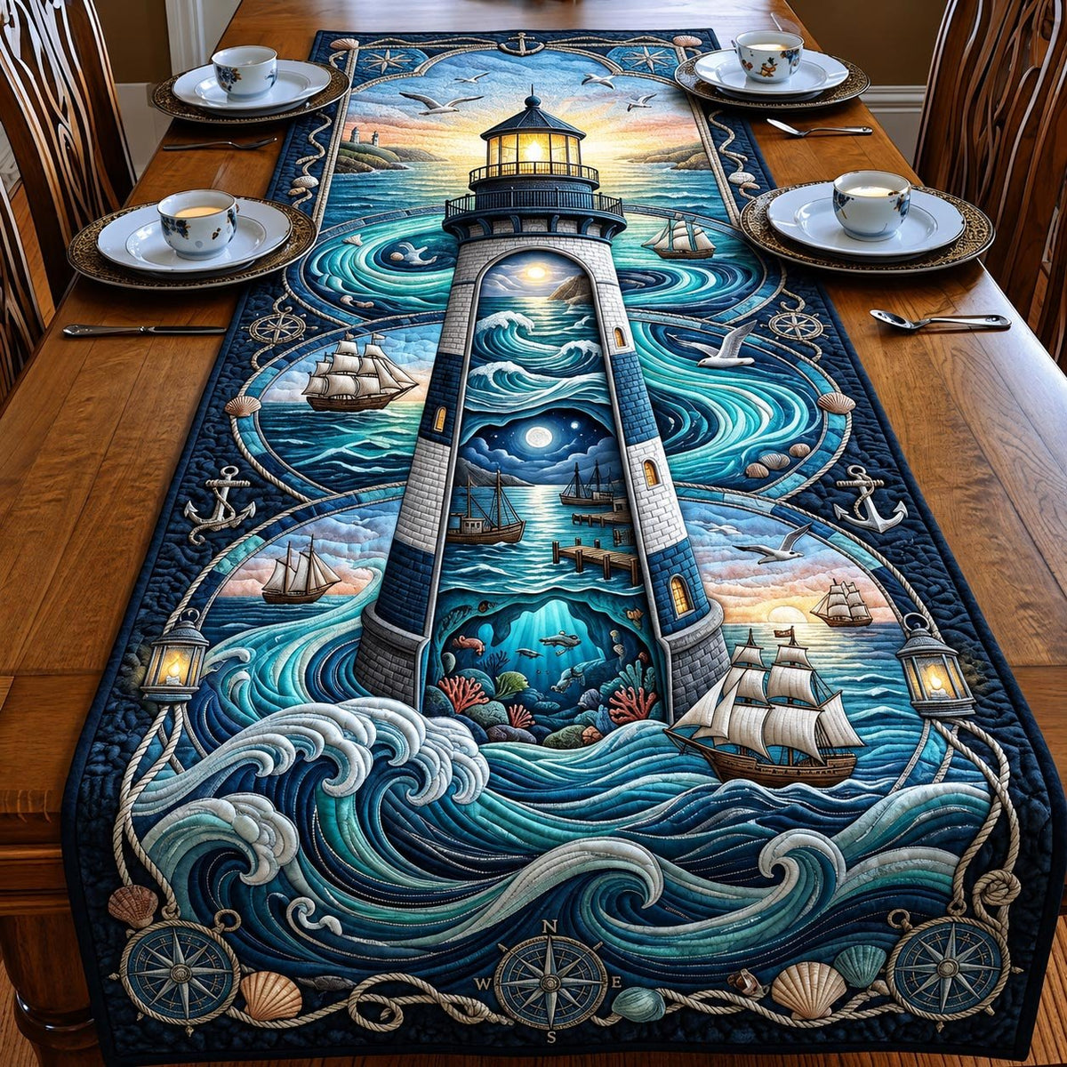Lighthouse Beam Over Tall Ships Table Runner